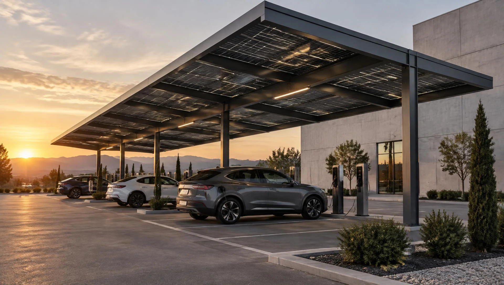 Pensilina fotovoltaica illustrativa su un parcheggio aziendale con auto elettriche
